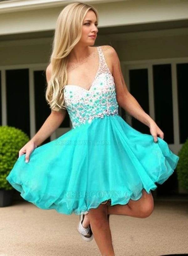 Sleeveless Deep V Neck Backless Rhinestone Teal Chiffon Pleated Cut Out Homecoming Dresses front view
