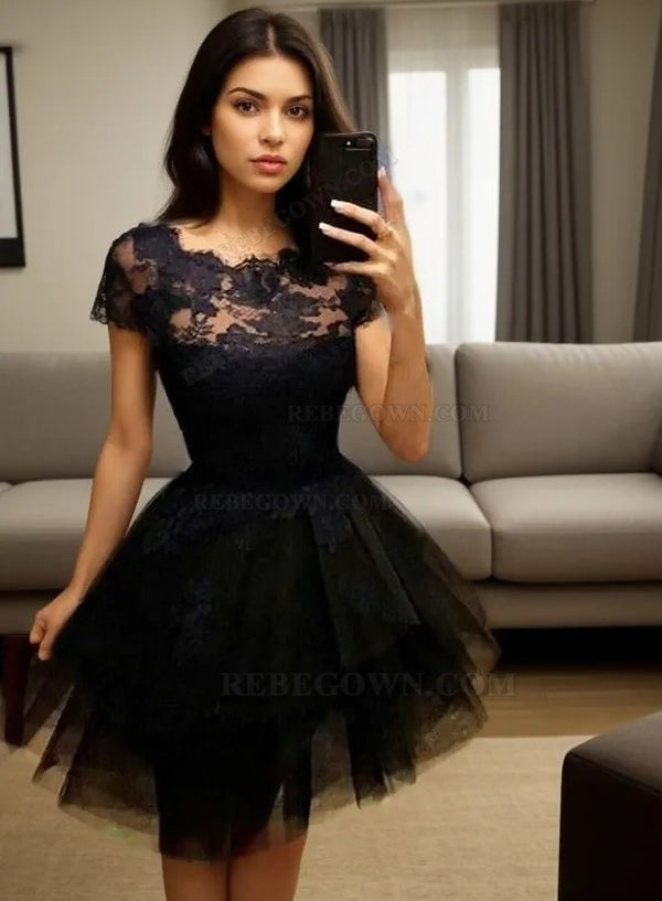 Short Sleeve Jewel A Line Tulle Pleated Lace Appliques Sheer Homecoming Dresses front view