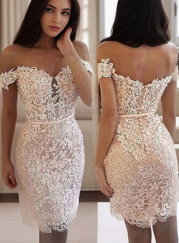 Sheath Ivory Off The Shoulder Backless V Neck Lace Flowers Above Knee Homecoming Dresses front view