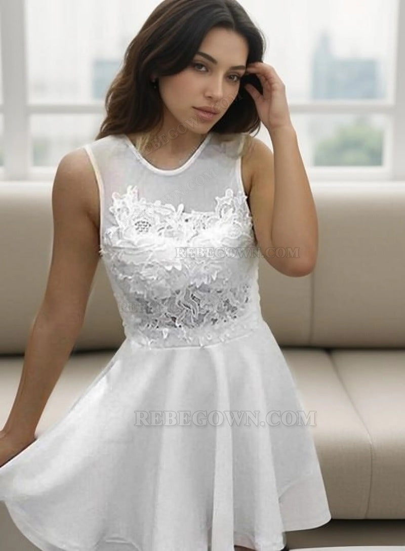 Jewel Appliques White A Line Pleated Satin Flowers Short Homecoming Dresses front view