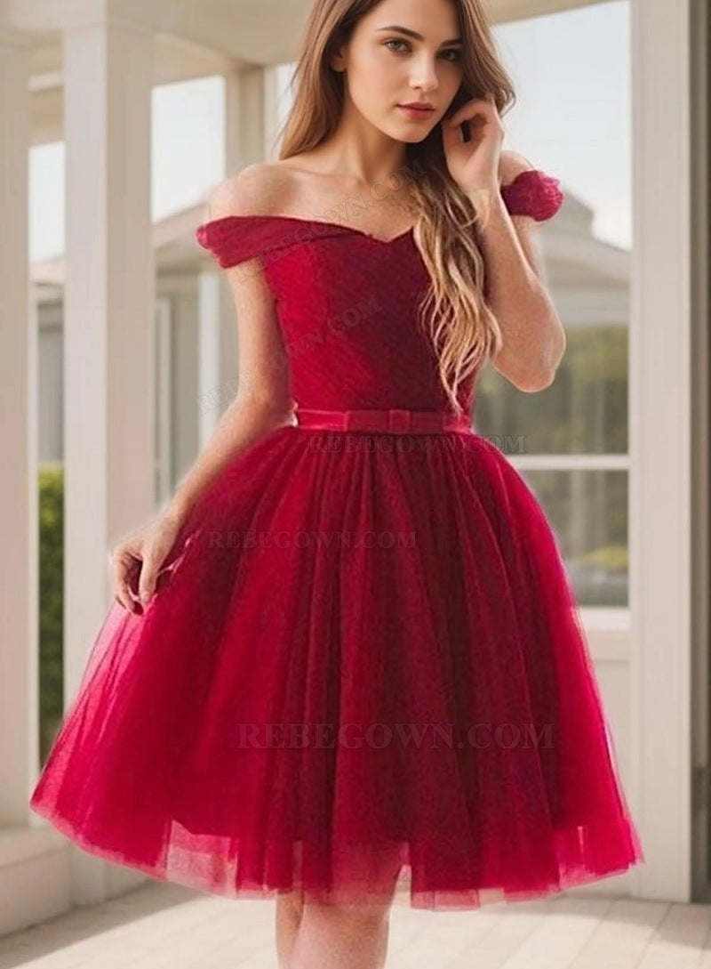 Tulle Burgundy Off The Shoulder Ball Gown V Neck Bowknot Pleated Homecoming Dresses front view