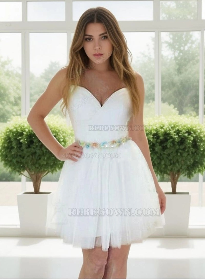 Deep V Neck Sleeveless Strapless A Line Tulle Pleated Ivory Homecoming Dresses front view