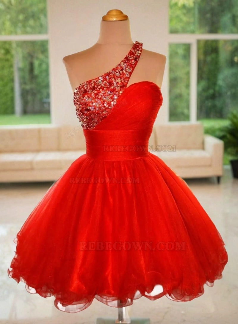 One Shoulder Red Sleeveless A Line Organza Pleated Rhinestone Homecoming Dresses front view