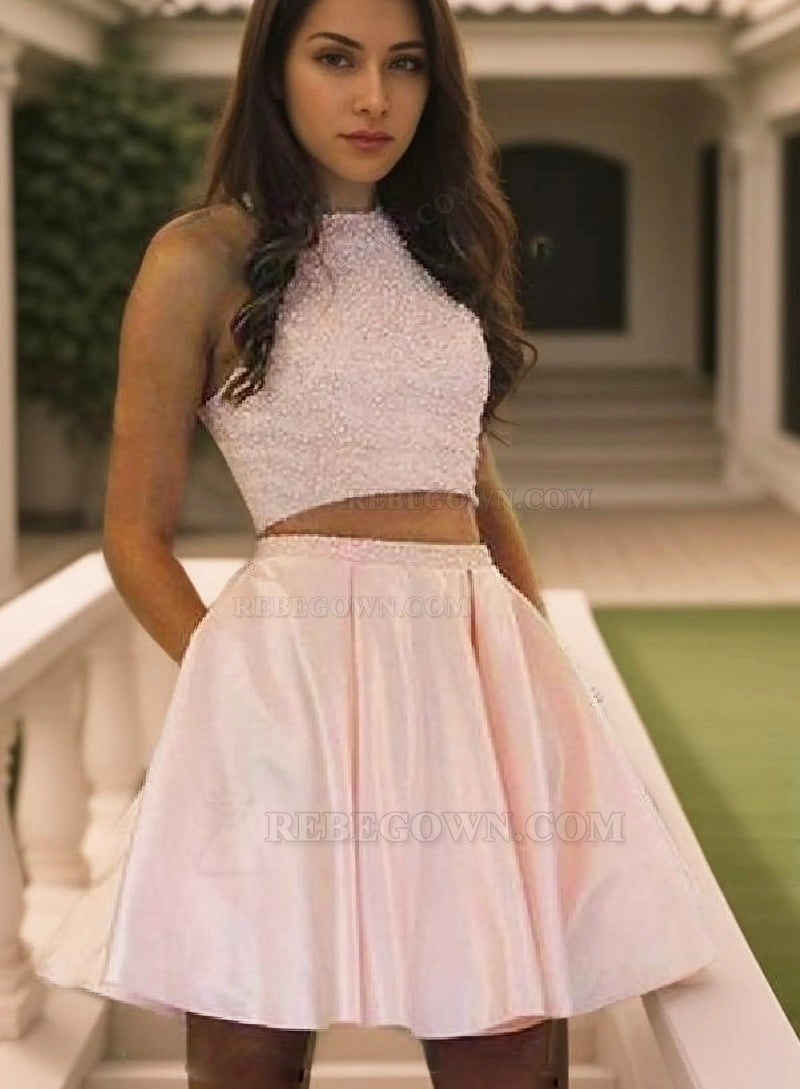 Halter Jewel Pink Sleeveless Two Pieces A Line Satin Pleated Homecoming Dresses front view