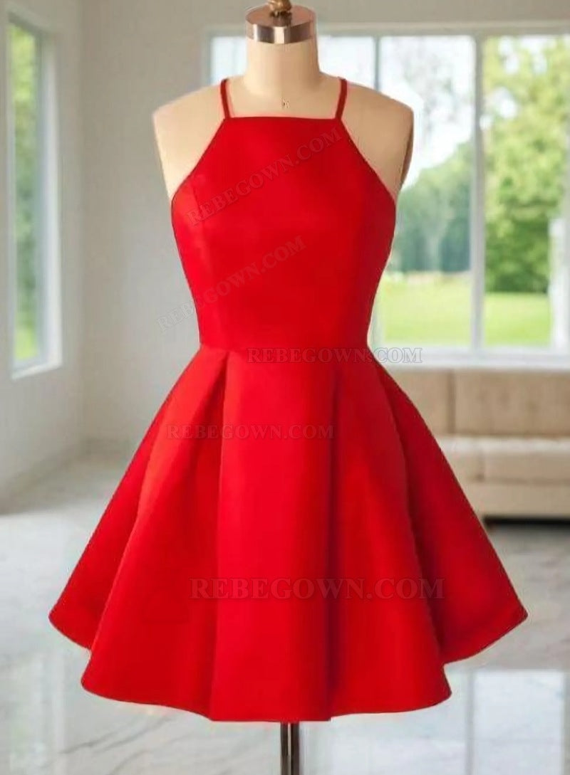Sleeveless Red Halter Spaghetti Straps A Line Pleated Satin Short Homecoming Dresses front view