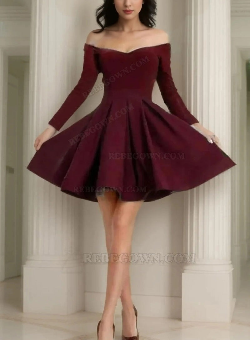 Burgundy Off The Shoulder A Line Pleated Satin Long Sleeve Short Homecoming Dresses front view