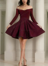 Burgundy Off The Shoulder A Line Pleated Satin Long Sleeve Short Homecoming Dresses front view