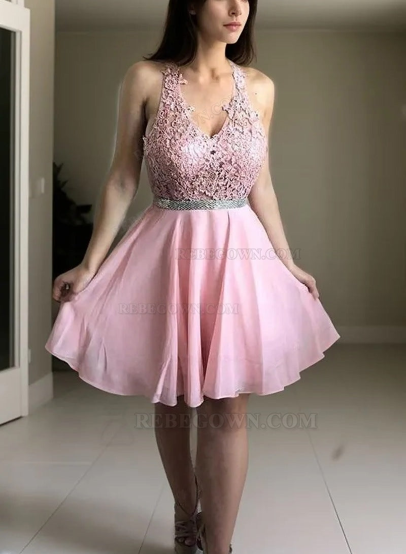 Chiffon Pink A Line Appliques Sleeveless V Neck Lace Short Homecoming Dresses front view