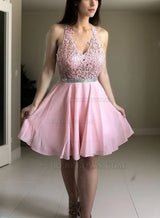 Chiffon Pink A Line Appliques Sleeveless V Neck Lace Short Homecoming Dresses front view