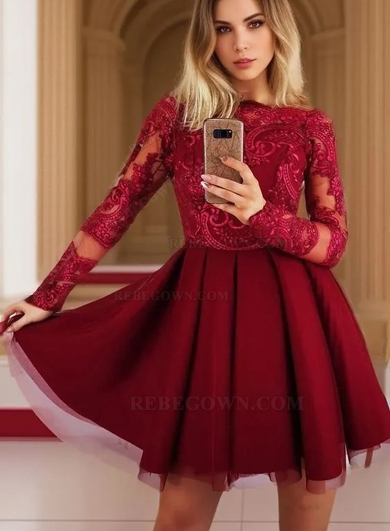 Burgundy Long Sleeve A Line Appliques Lace Tulle Pleated Homecoming Dresses front view