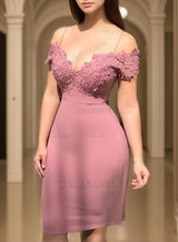 Dusty Rose Sheath Spaghetti Straps V Neck Off The Shoulder Appliques Satin Homecoming Dresses front view