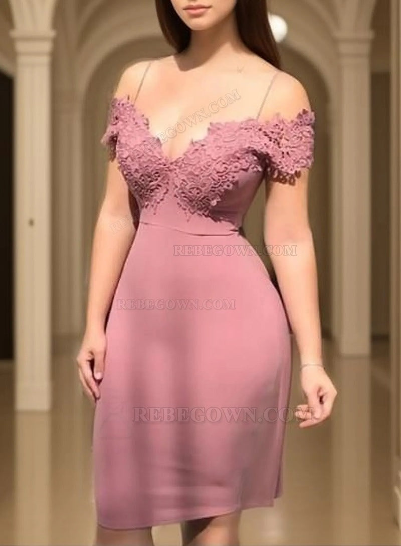 Dusty Rose Sheath Spaghetti Straps V Neck Off The Shoulder Appliques Satin Homecoming Dresses front view