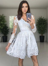 Long Sleeve White Deep V Neck A Line Lace Pleated Sheer Short Homecoming Dresses front view