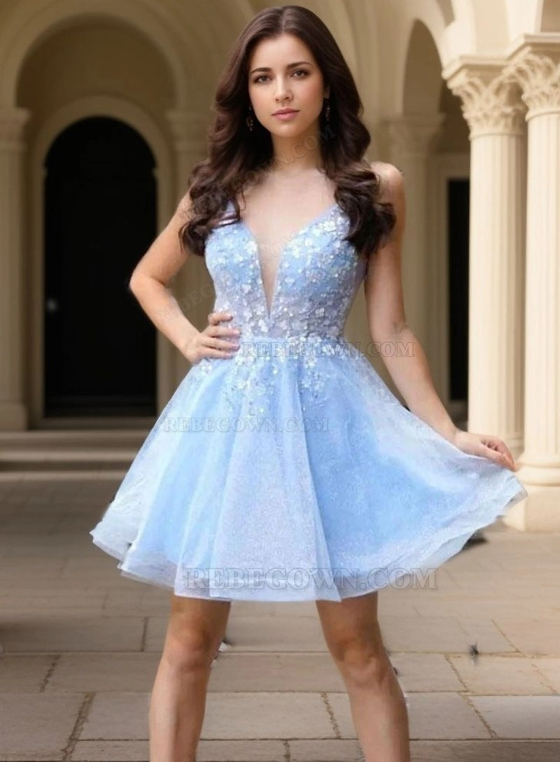 2027 A-Line/Princess Appliques V-neck Tulle Short/Mini Blue Sleeveless Homecoming Dresses front view