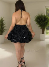 Short/Mini Sleeveless V-neck 2027 Sequins Black Ball Gown Layers Homecoming Dresses back view