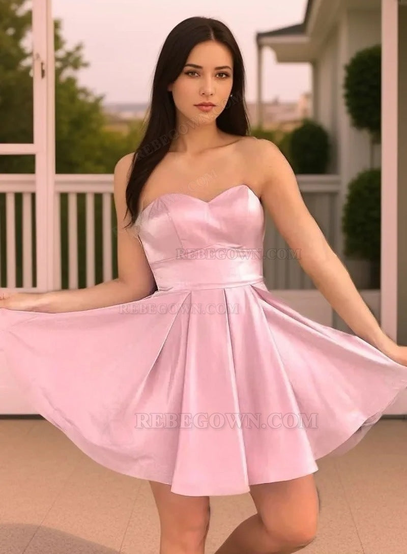 A-line/Princess Pink Sleeveless Strapless Satin Mini/Short 2027 Homecoming Dresses front view