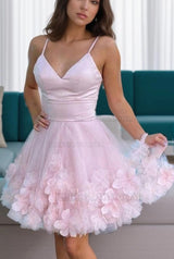 2027 Tulle A-line V-neck Sleeveless Short Pink Homecoming Dresses With Hand-Made Flower front view