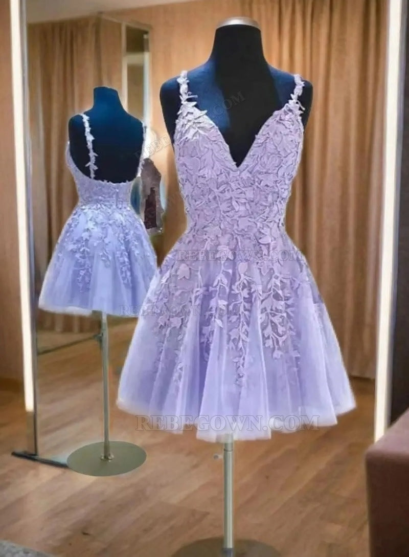 2027 Tulle A-line V-neck Sleeveless Short/Mini Lilac Homecoming Dresses With Appliques front view