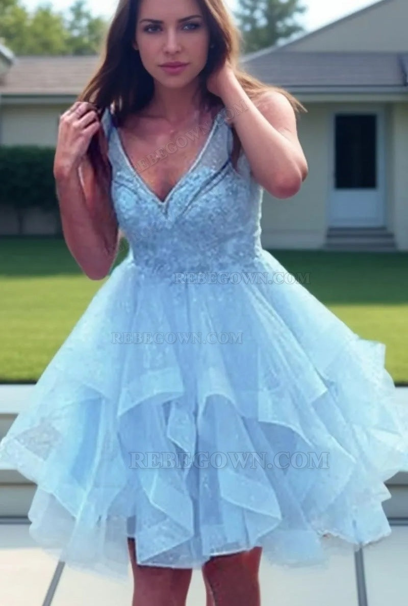 2027 Ball Gown V-neck Organza Sleeveless Short/Mini Blue Homecoming Dresses With Appliques front view