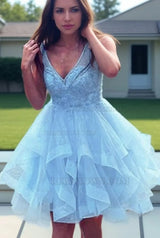 2027 Ball Gown V-neck Organza Sleeveless Short/Mini Blue Homecoming Dresses With Appliques front view