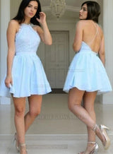 A-Line Jewel Sleeveless Backless Light Blue Lace Short Homecoming Dress  front view