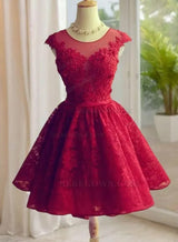 A-Line Jewel Cap Sleeves Red Lace Short Homecoming Dress 2027 with Beading front view