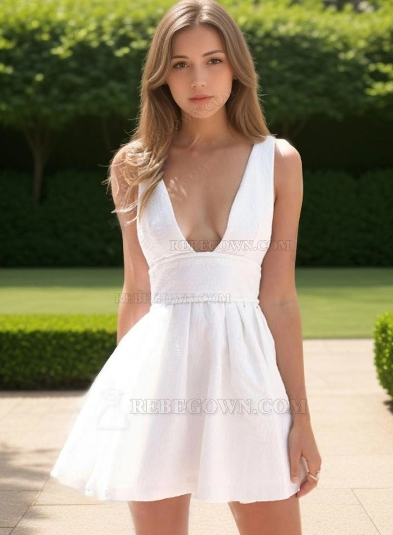 A-Line Deep V-Neck White Satin Homecoming Dress 2027 front view