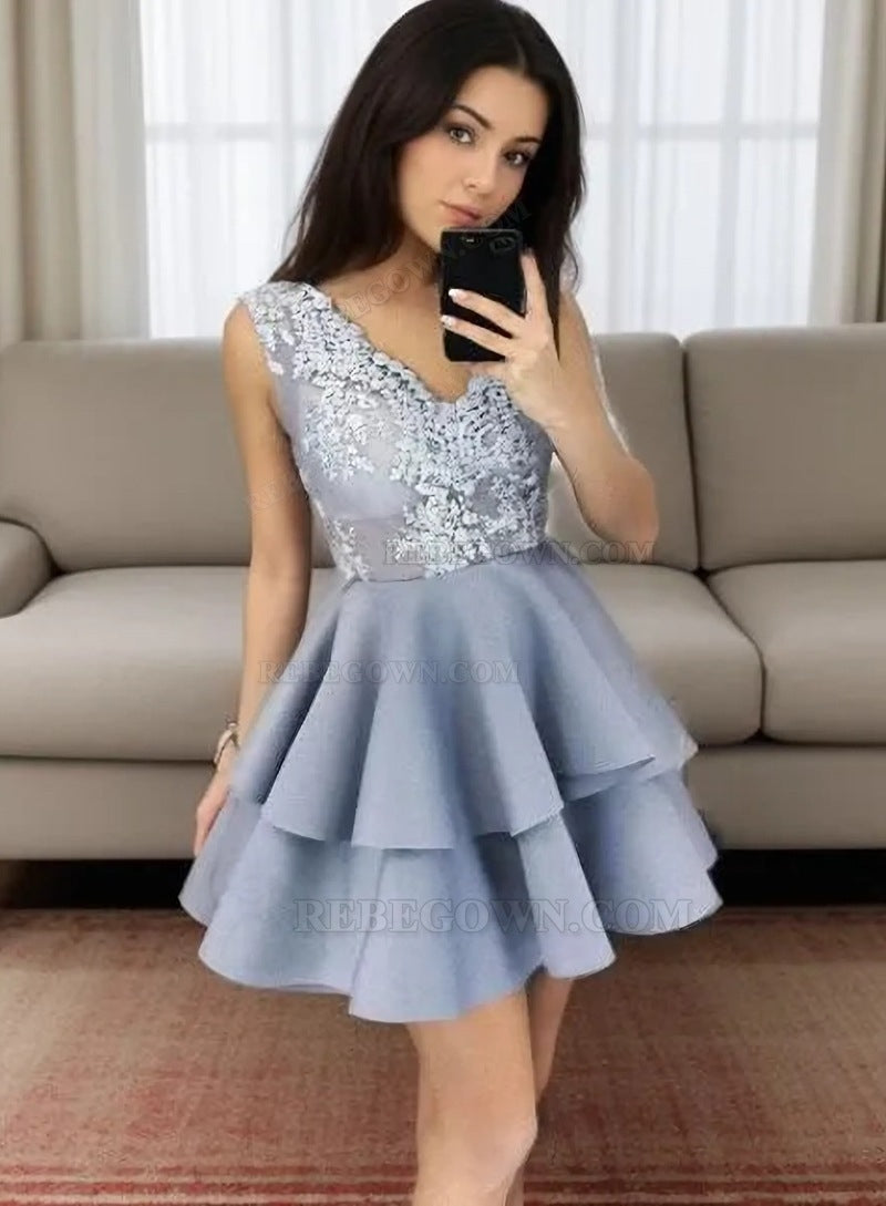 A-Line V-Neck Short Light  Blue Satin Homecoming Dress 2027 with Appliques Tired front view
