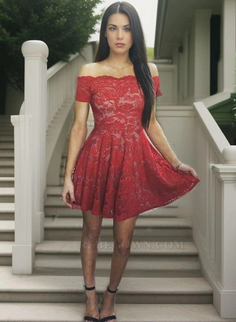 A-Line Off-the-Shoulder Short Sleeves Short Red Lace Homecoming Dress 2027 front view