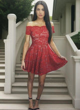 A-Line Off-the-Shoulder Short Sleeves Short Red Lace Homecoming Dress 2027 front view