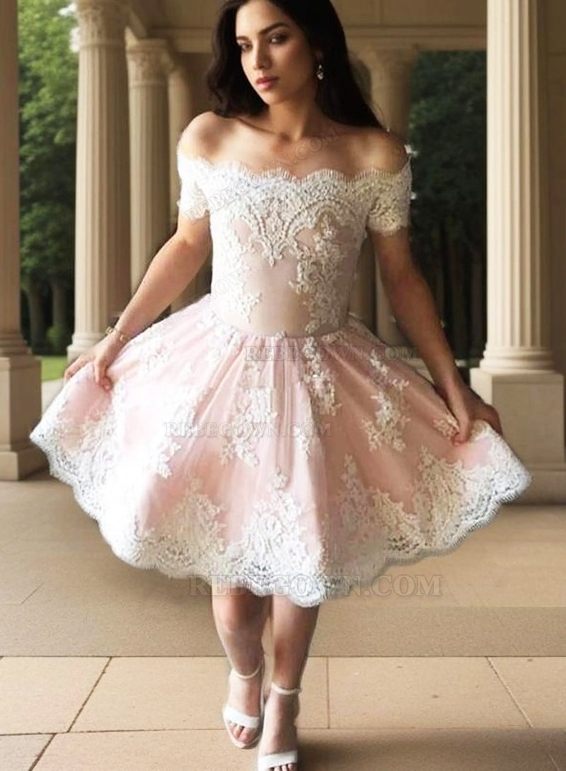 A-Line Off-the-Shoulder Appliques Short Pearl Pink Homecoming Dress 2027 front view