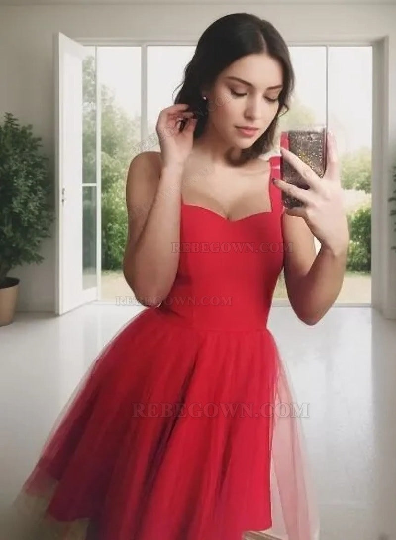 A-Line Straps Sleeveless Short Red Tulle Homecoming Dress 2027  back view