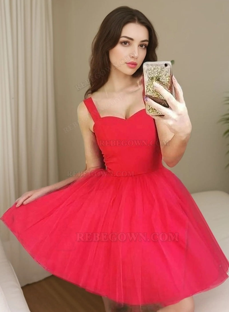 A-Line Straps Sleeveless Short Red Tulle Homecoming Dress 2027  front view