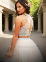 A-Line Princess Scoop Beading Sleeveless Short Tulle Two Piece Homecoming Dresses back view