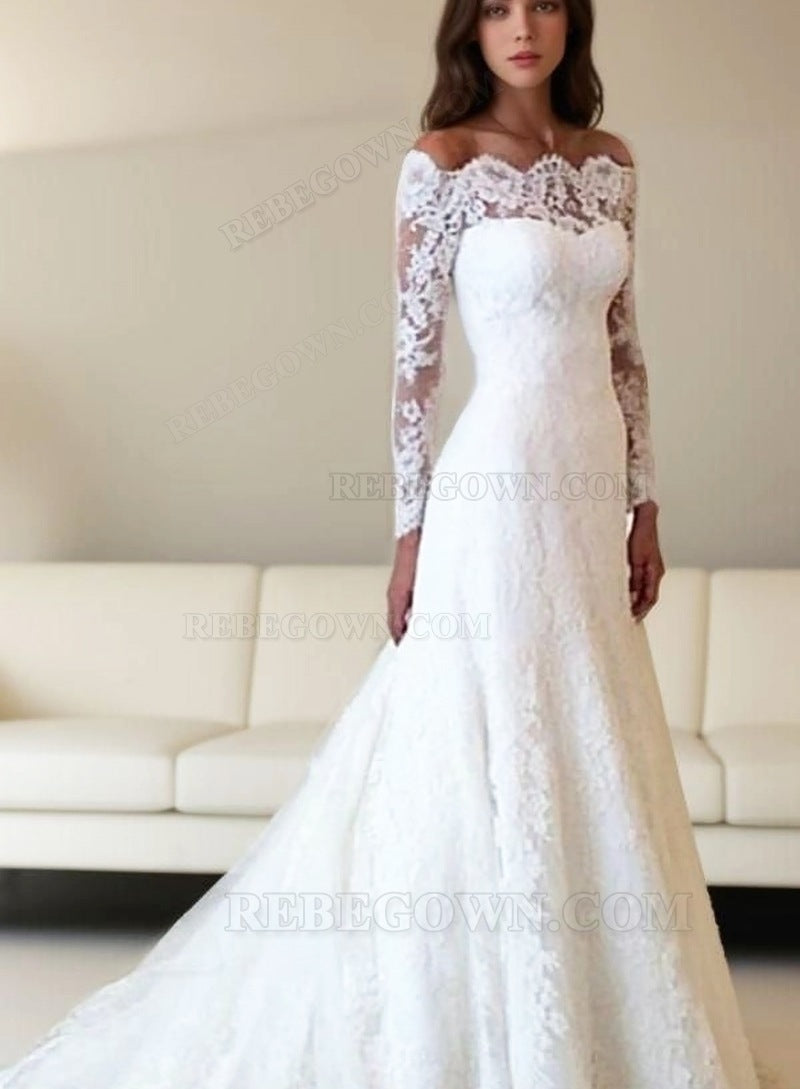 Ivory A-Line Court Train Lace Long Sleeves Wedding Gowns / Dresses back view