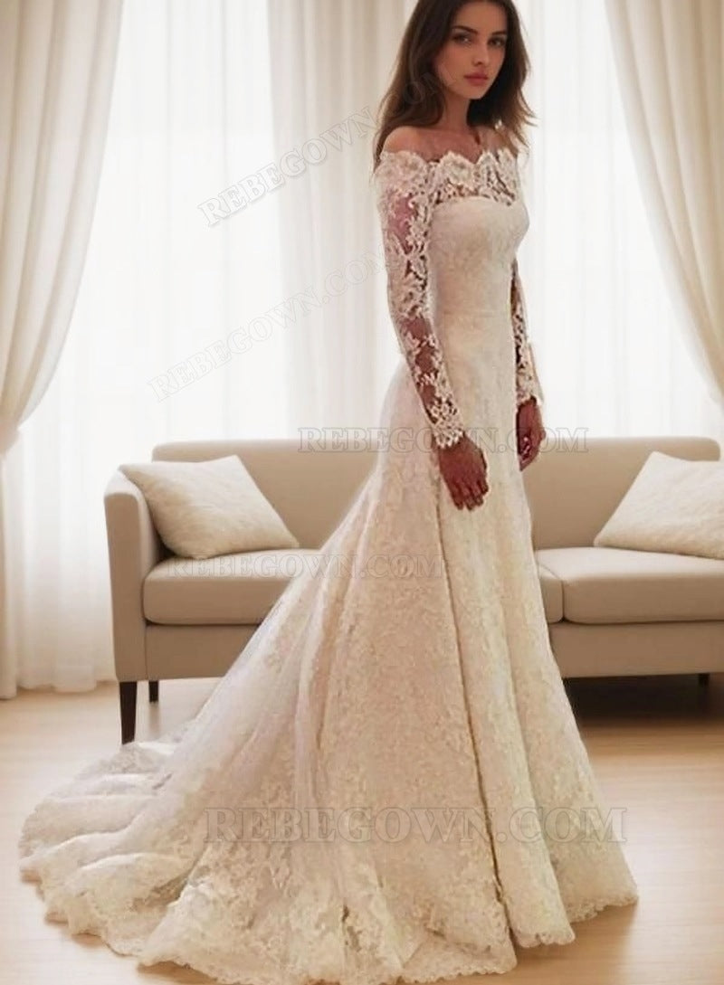 Ivory A-Line Court Train Lace Long Sleeves Wedding Gowns / Dresses front view