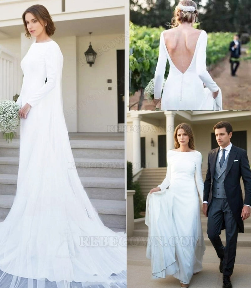 2027 Simple Sheath Crew Neck Long Sleeves White Long Backless Wedding Dresses back view