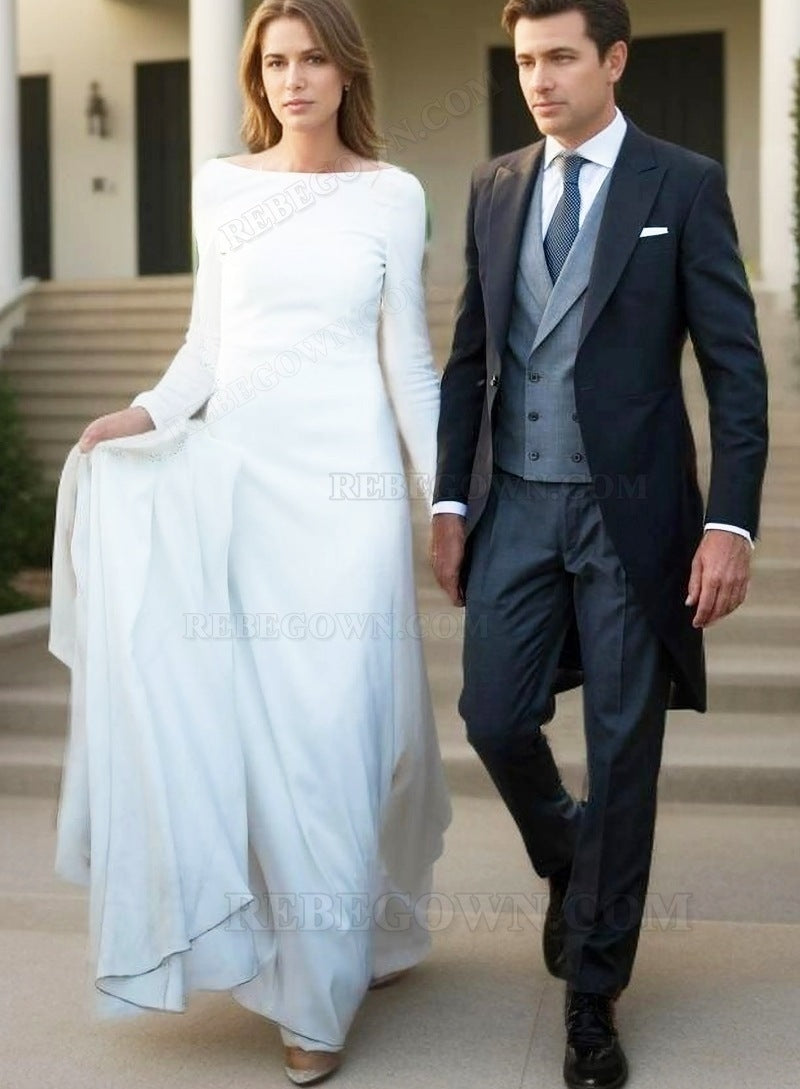2027 Simple Sheath Crew Neck Long Sleeves White Long Backless Wedding Dresses front view