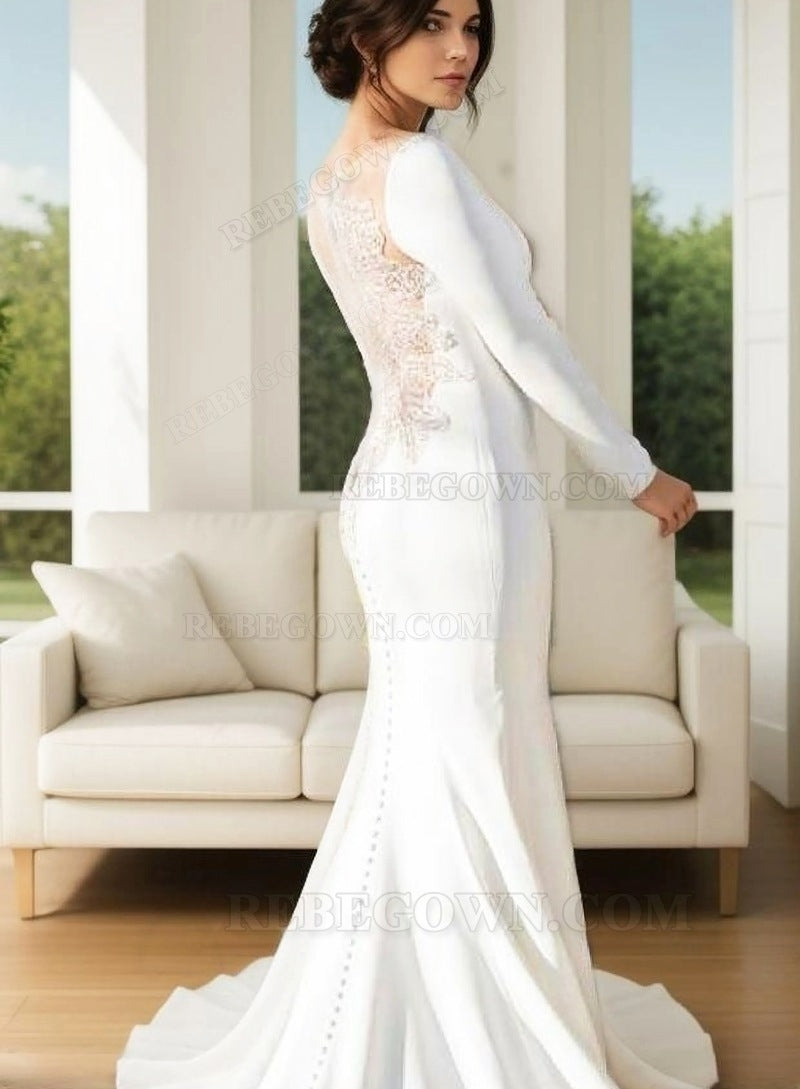 2027 Sheath Satin Ivory Crew Neck Long Sleeves Beaded Long Wedding Dresses back view