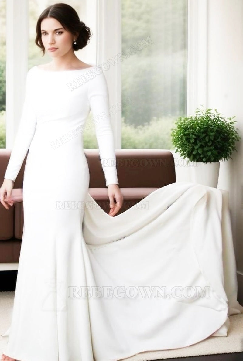 2027 Sheath Satin Ivory Crew Neck Long Sleeves Beaded Long Wedding Dresses front view