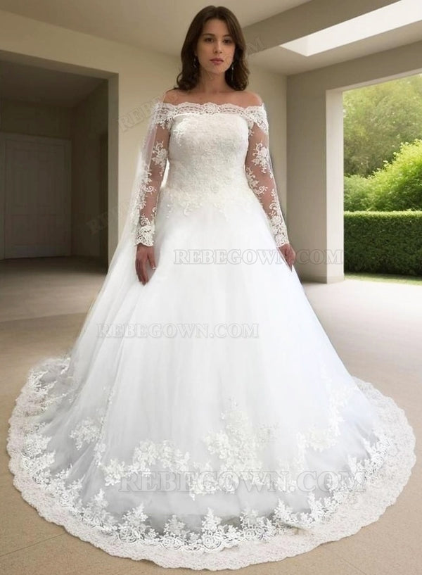 2027 White A Line Off Shoulder Lace Long Sleeves Plus Size Wedding Dresses front view