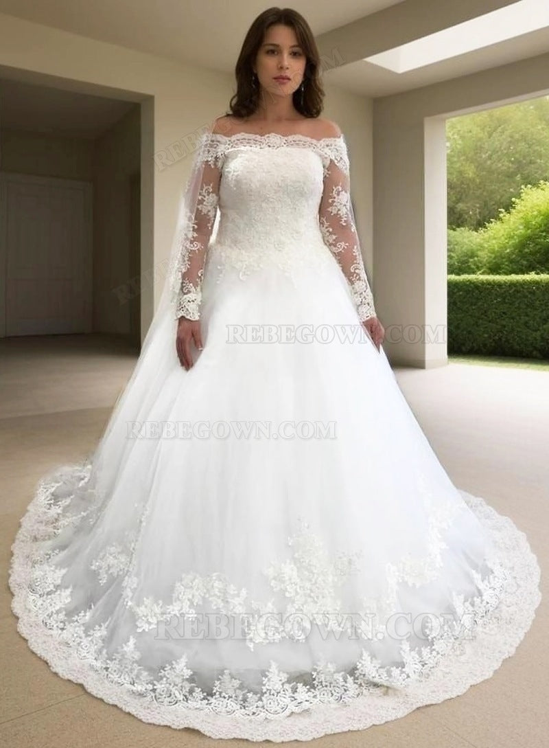 2027 White A Line Off Shoulder Lace Long Sleeves Plus Size Wedding Dresses front view