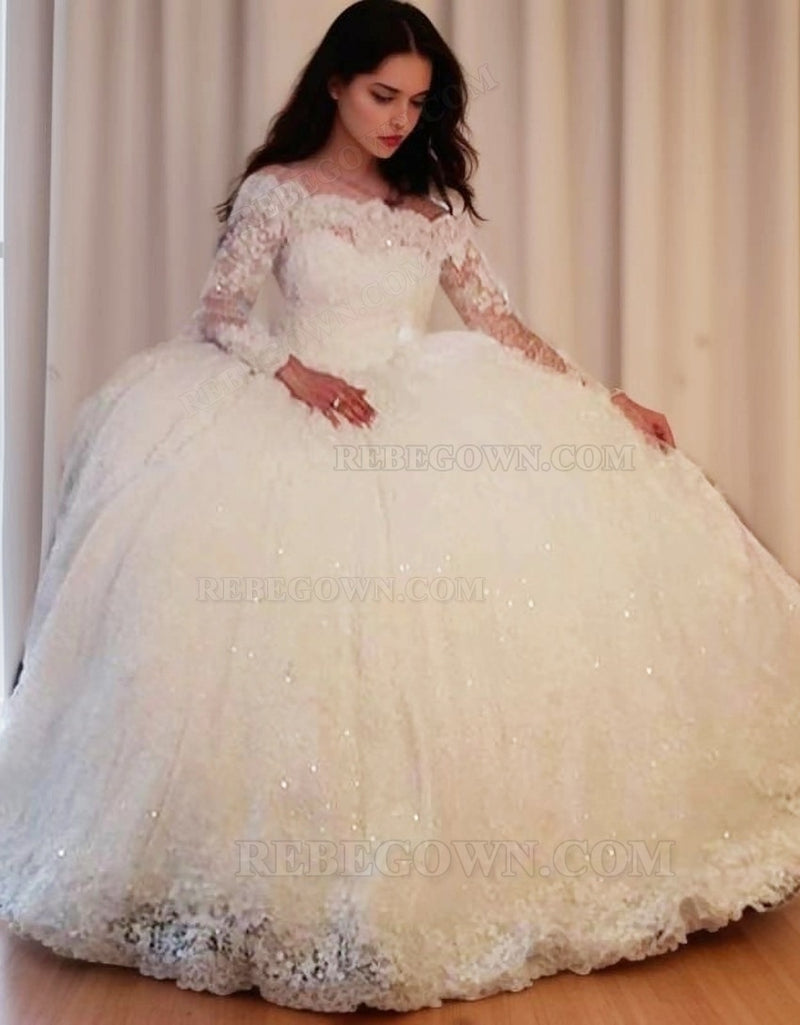 Long Sleeves Off Shoulder Lace Ball Gown Wedding Dresses 2027 front view