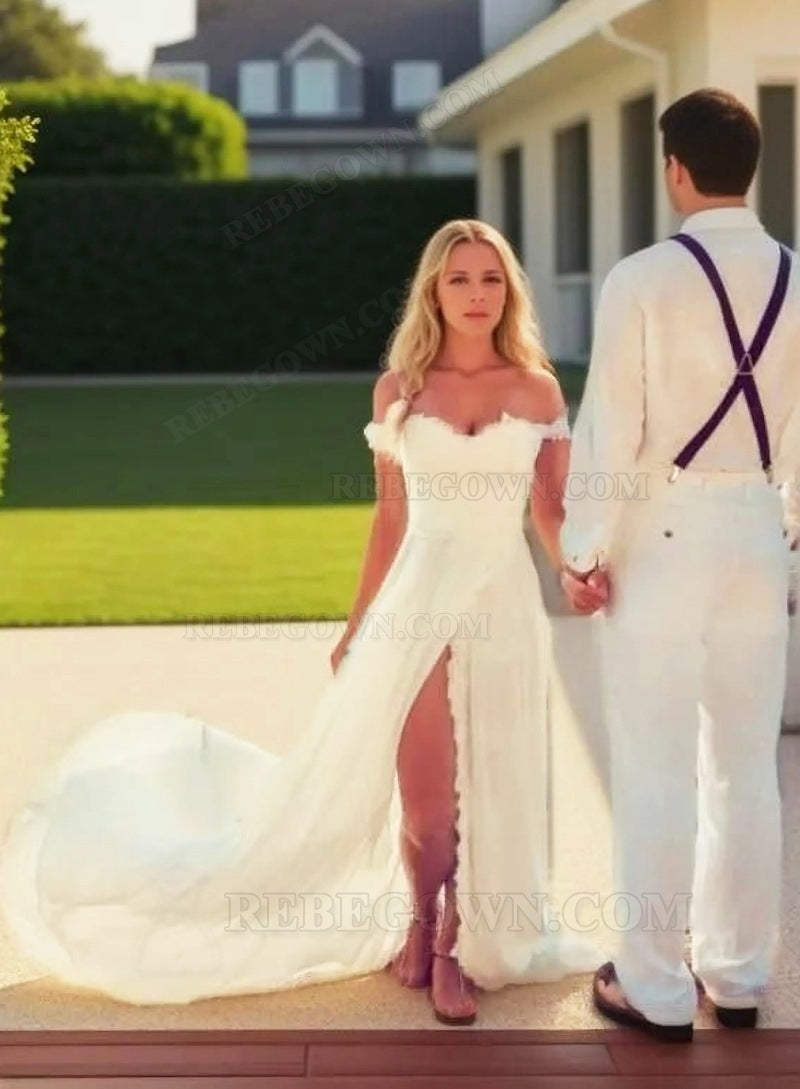 A Line Chiffon Sweetheart Side Slit Ivory Beach Off Shoulder Wedding Dresses front view