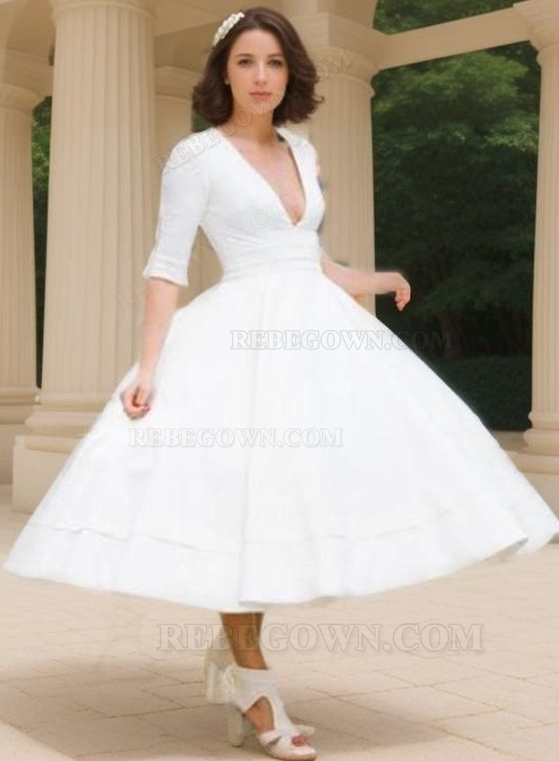 A Line White Tea Length Deep V Neck Long Sleeves Short Wedding Dresses front view