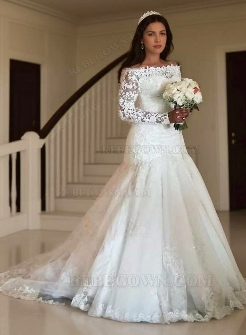 2027 Mermaid Off Shoulder Long Sleeves Lace Wedding Dresses front view