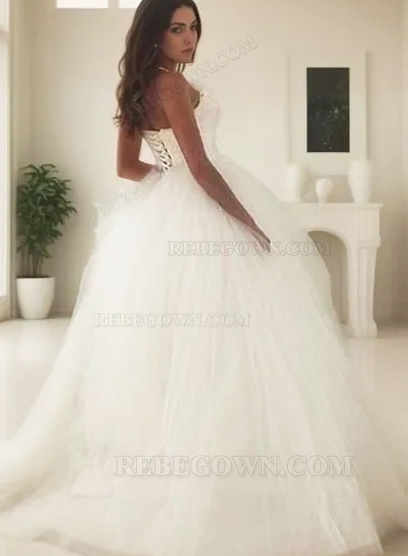 2027 Sweetheart Lace Up Back Tulle Ball Gown Wedding Dresses back view