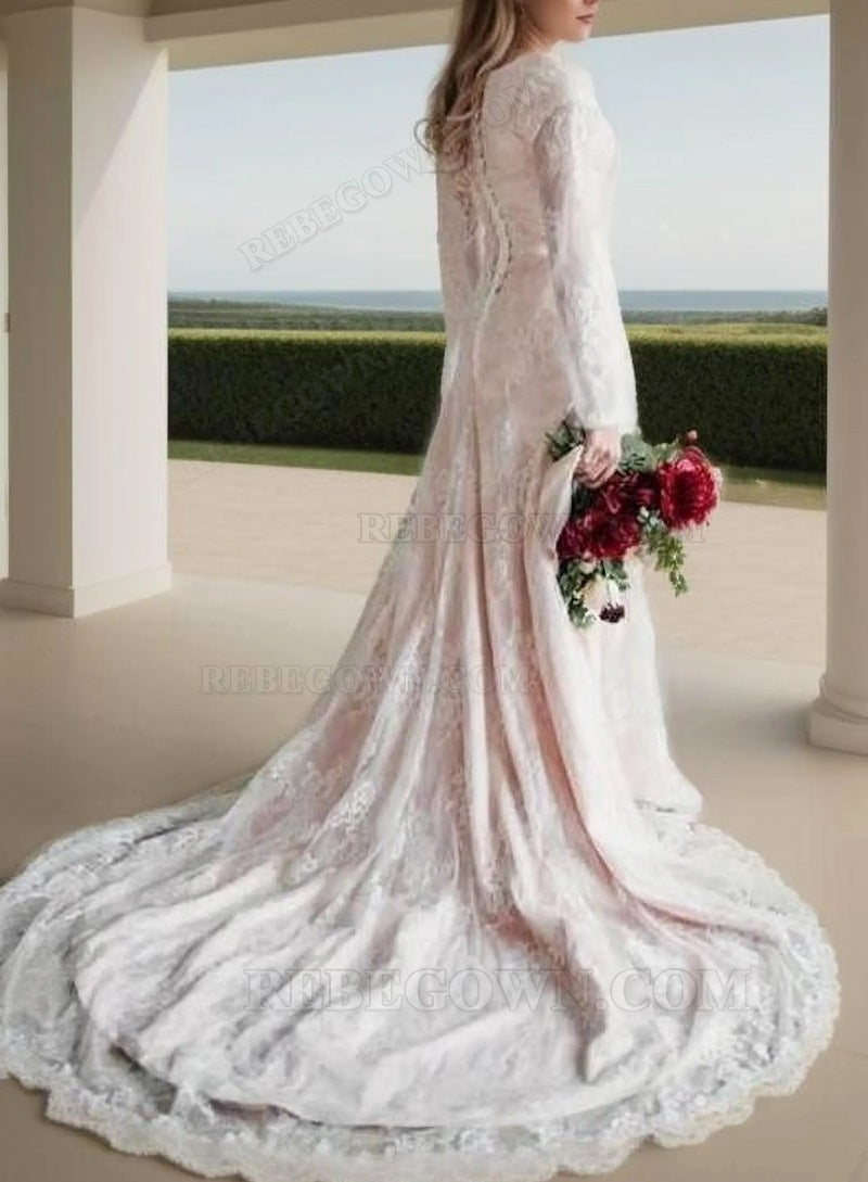 2027 A Line Long Sleeves Lace Long Neck Wedding Dresses back view
