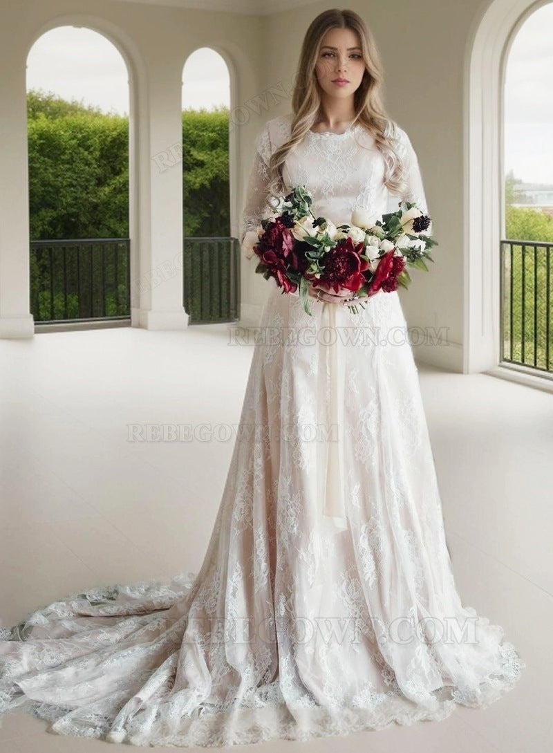 2027 A Line Long Sleeves Lace Long Neck Wedding Dresses front view