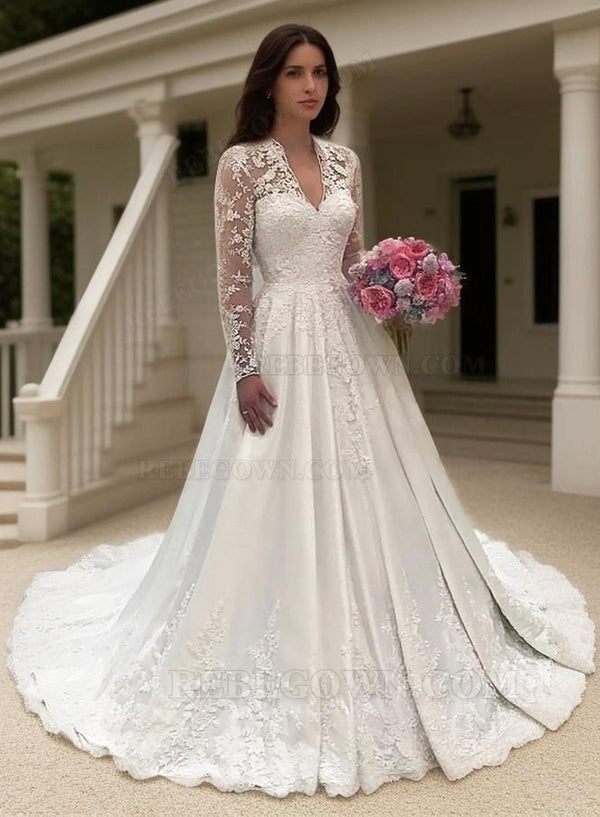 2027 A Line Classic Satin Long Sleeves V Neck Lace Long Wedding Dresses front view